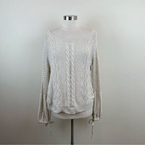 Fobya Cream Tan Crochet Knit Bohemian Cottagecore Sweater Bow Sleeve Women Large